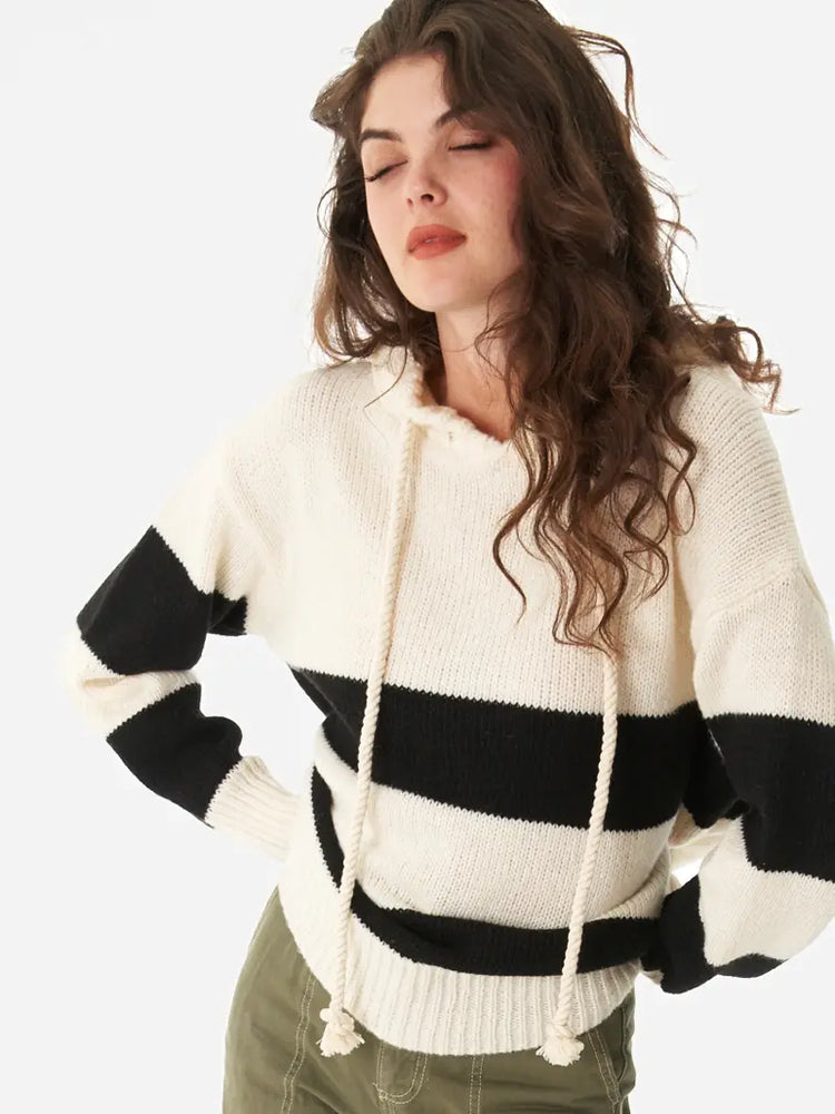 Cream and Black Striped Hooded Sweater