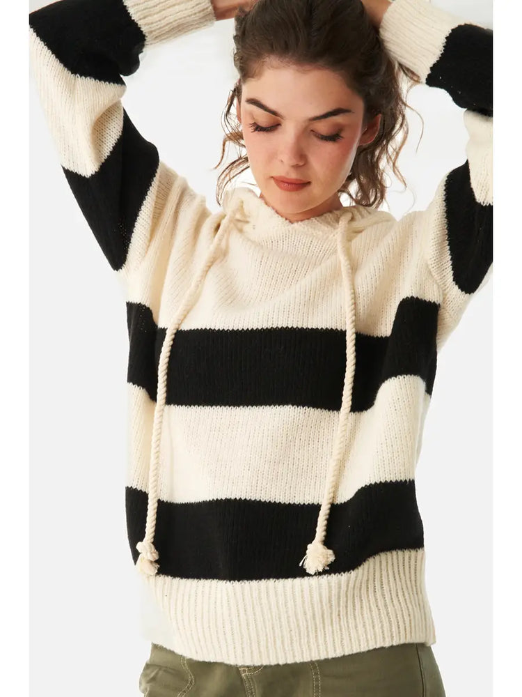 Cream and Black Striped Hooded Sweater