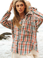 Plaid Waffle Contrast Hooded Button Front Shirt