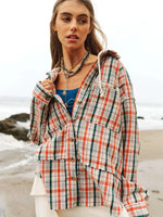Plaid Waffle Contrast Hooded Button Front Shirt