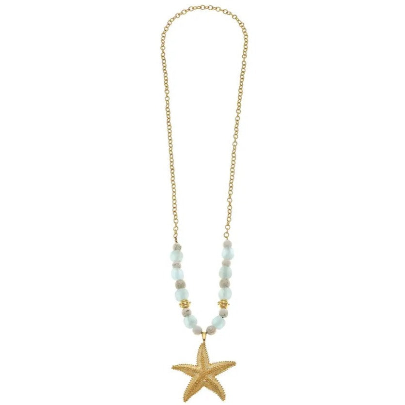 32" Gold Starfish on Recycled Sea Glass and White Turquoise Necklace
