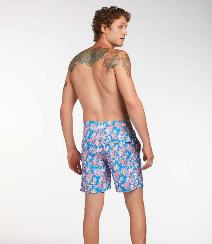 LE CLUB Men s Blue and Pink Flower GEO Bathing Suit