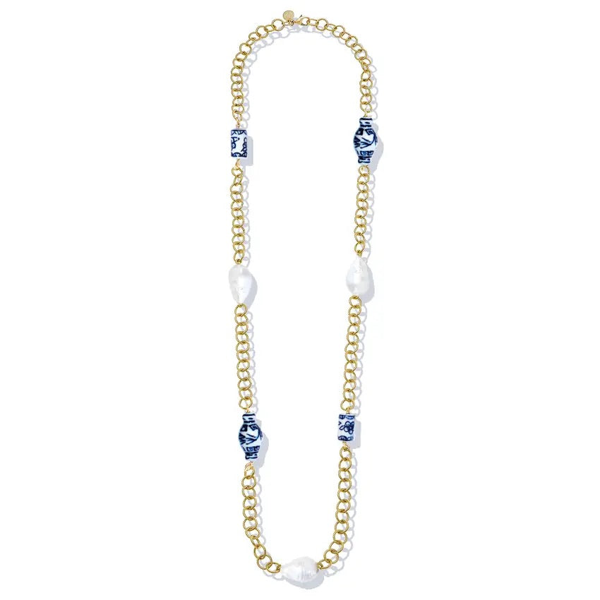 30" Porcelain & Baroque Pearl Gold Chain Necklace