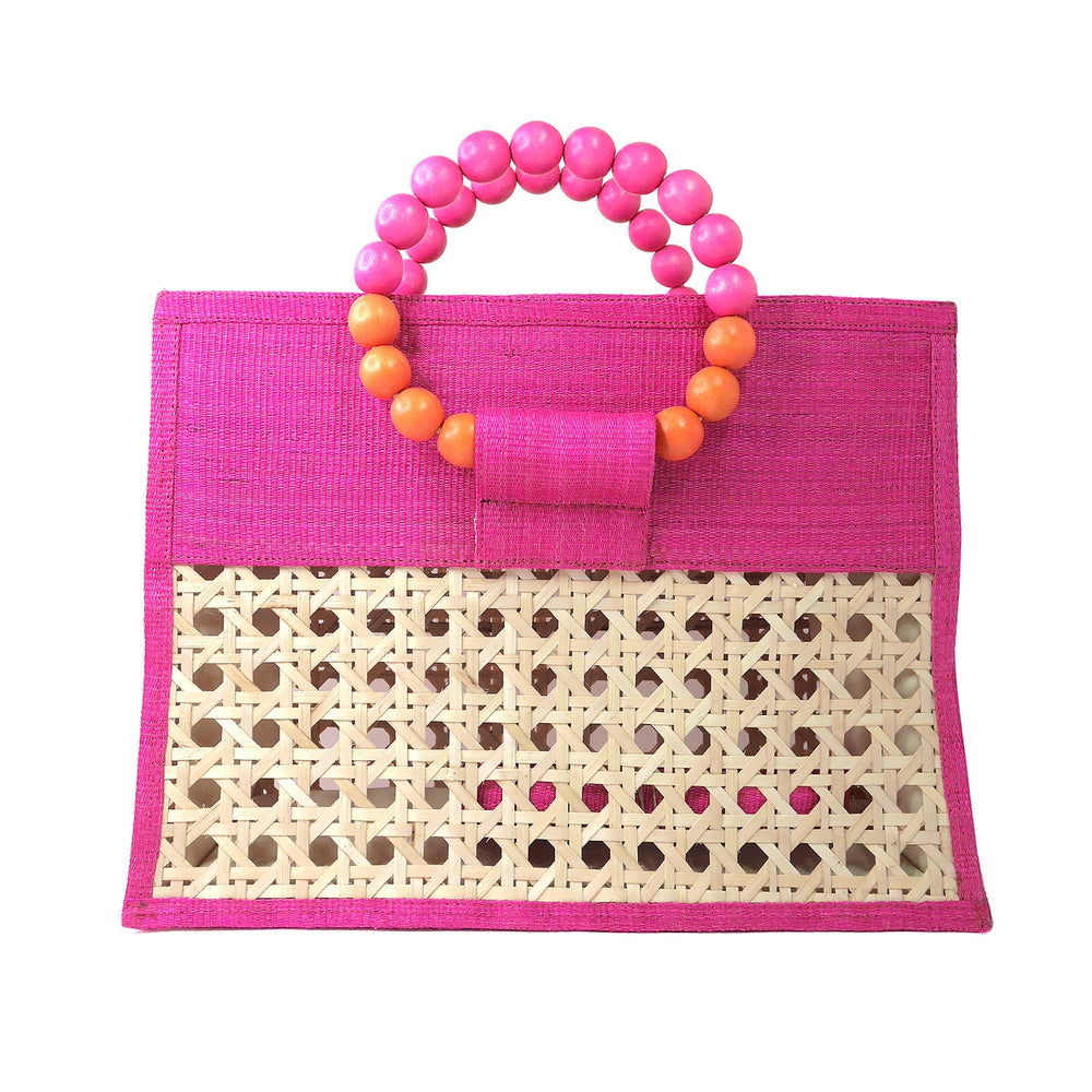 Pink & Orange Woven Rattan Statement Tote Bag