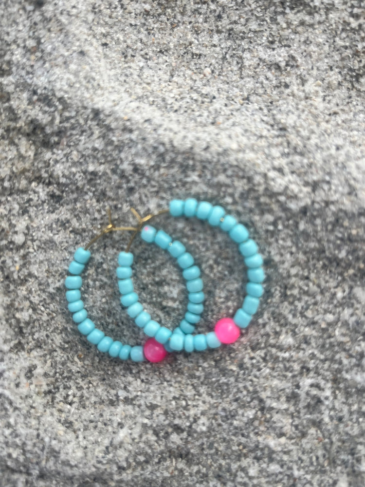 Turquoise and Pink Jade Hoop Earrings