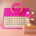 Pink & Orange Woven Rattan Statement Tote Bag