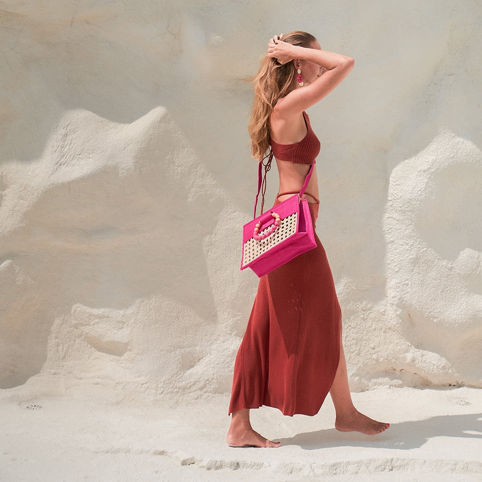 Pink & Orange Woven Rattan Statement Tote Bag