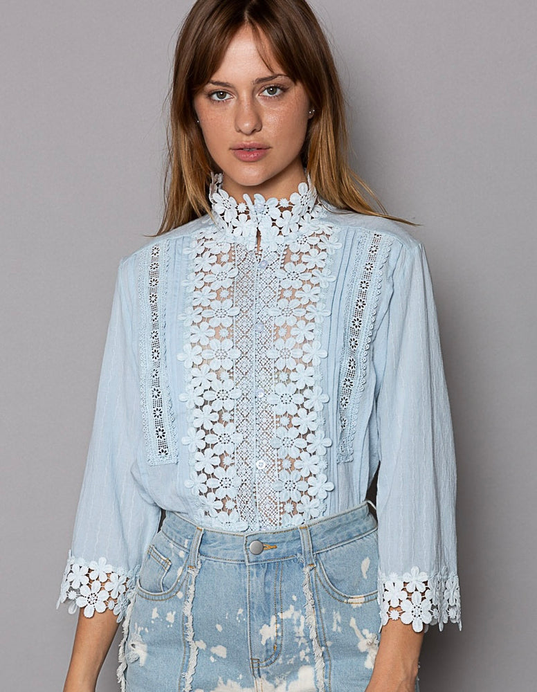 Floral Mock-neck Blouse with Eyelet Lacing: Preorder