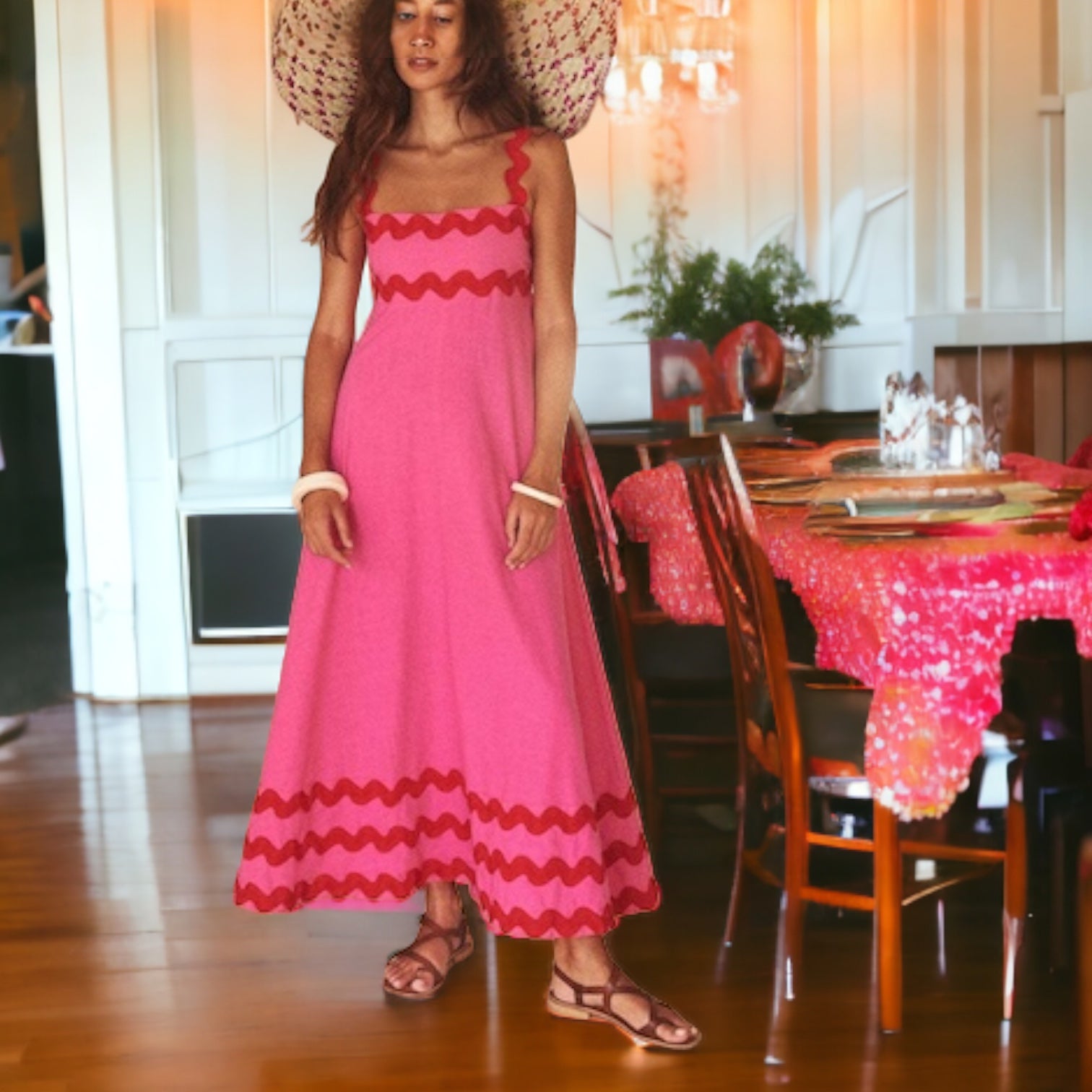 Wavy Ric Rac Maxi Swing Dress L / Pink/Red Wavy Ric Rac Maxi Swing Dress L / Pink/Red