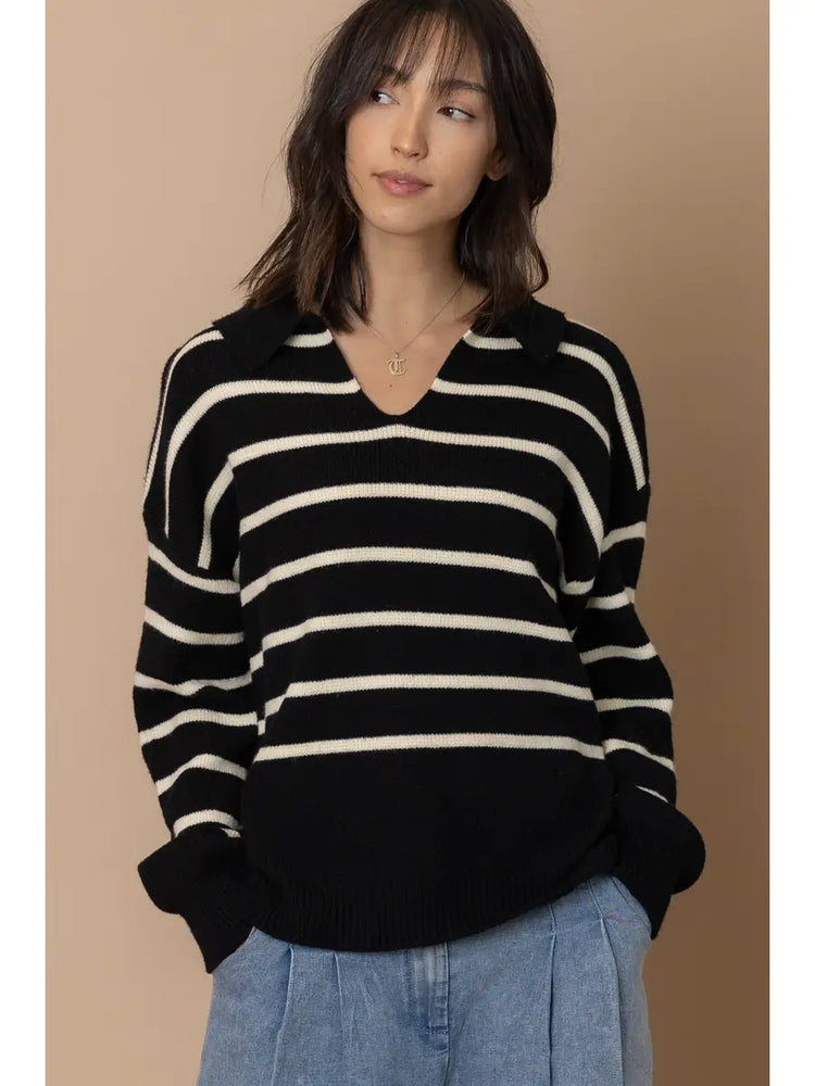 Black and Cream Striped V-neck Sweater