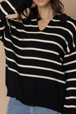 Black and Cream Striped V-neck Sweater