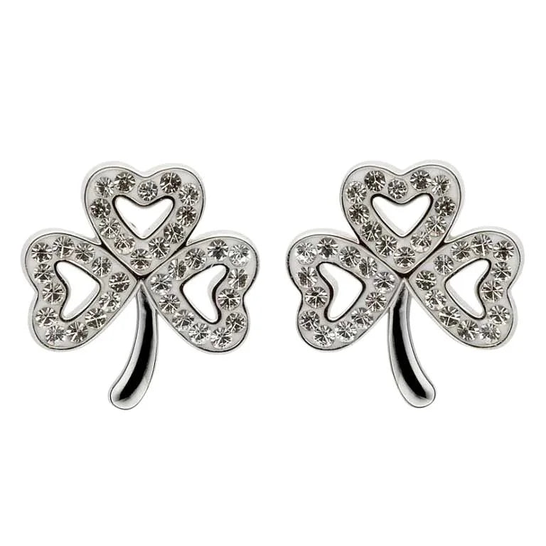 White Swarovski Crystal Shamrock Stud Earrings