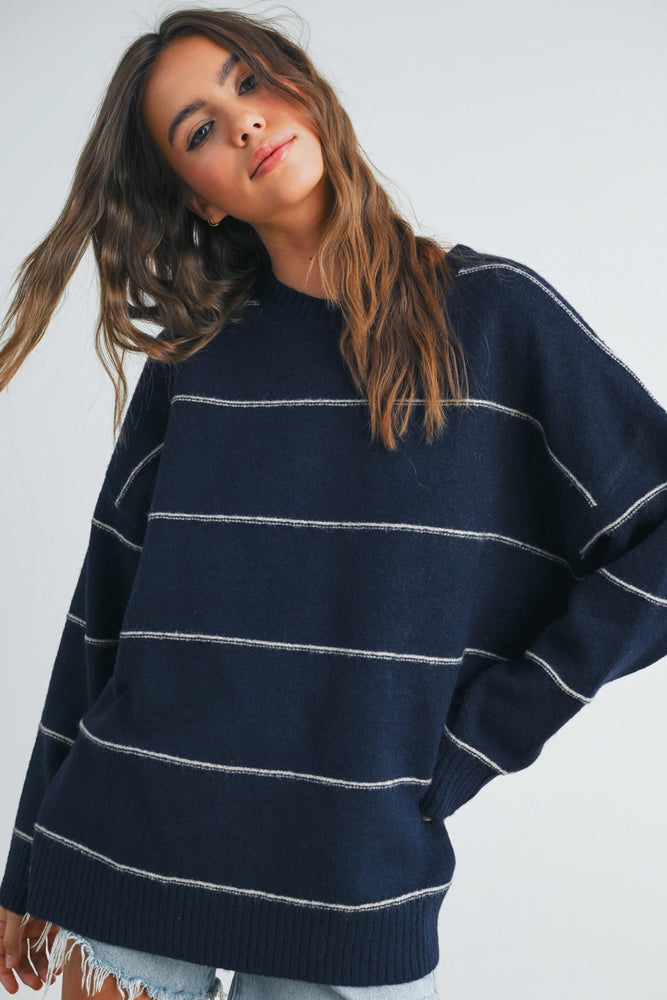 Fall Striped Pattern Drop Shoulder Sweater