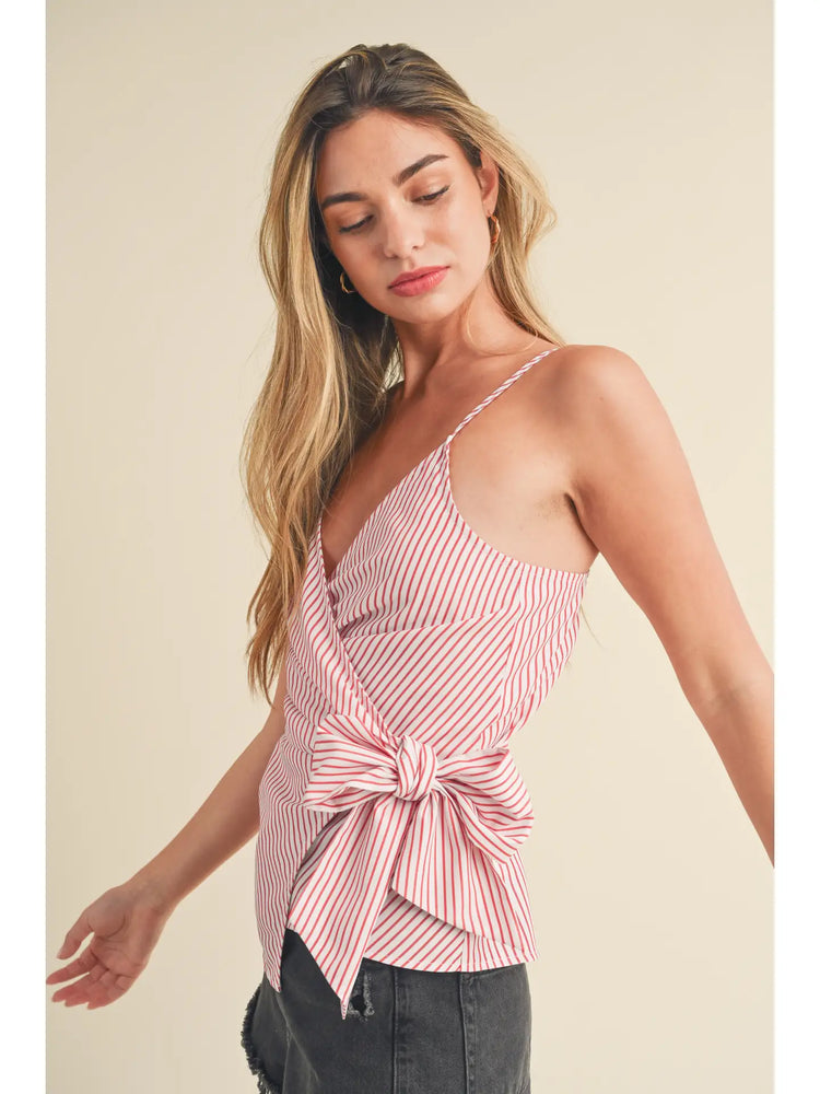 Olivia Striped Wrap Tank Top with Front Tie Detail