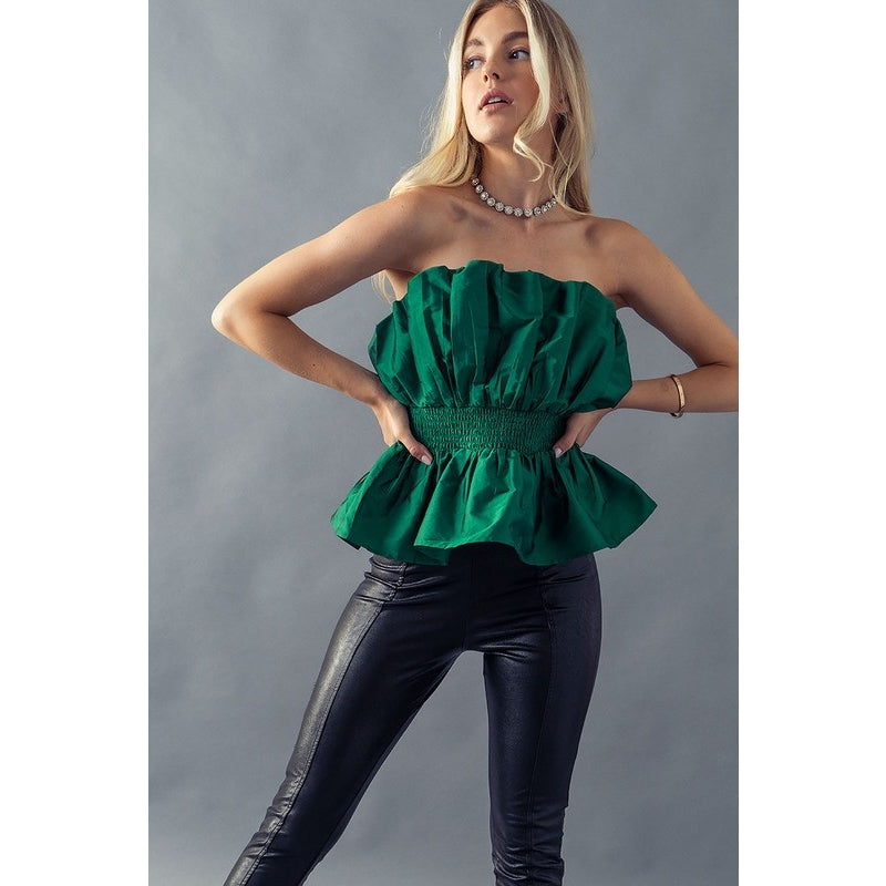 Green Ruffle Smocked Strapless Blouse