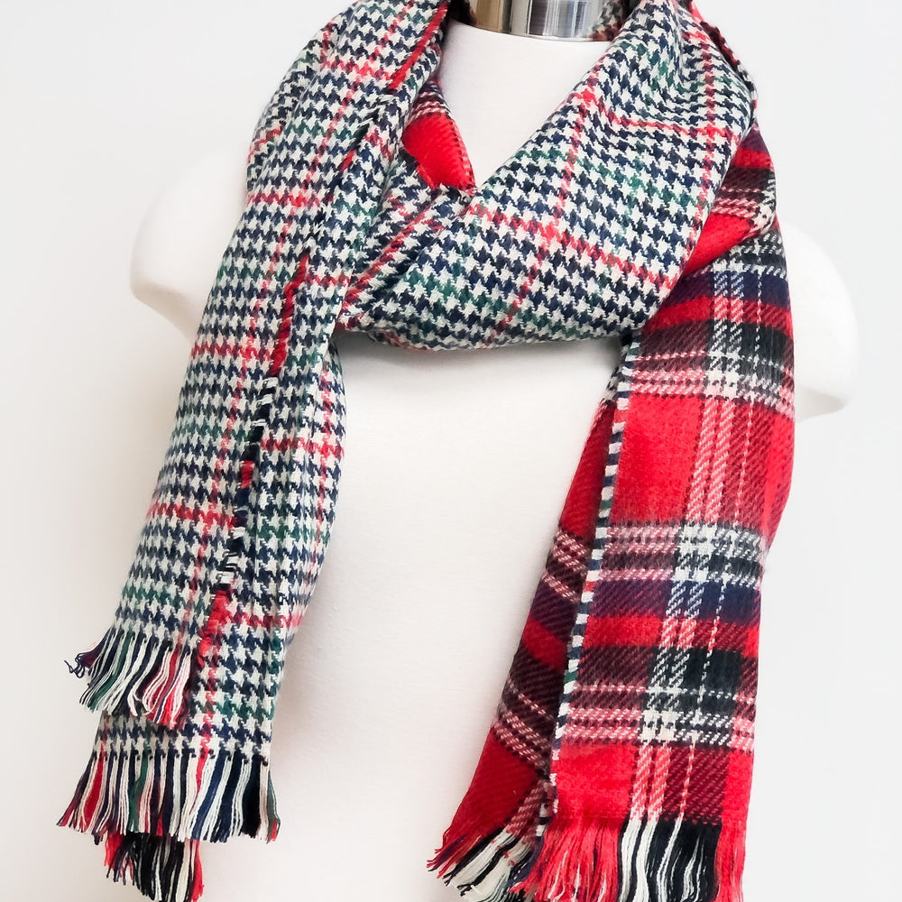 Reversible Houndstooth Plaid Scarf with Fringe