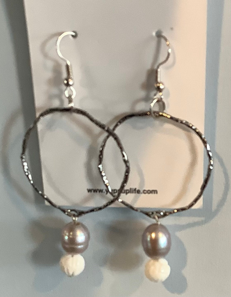Silver Circle Pearl and Onyx Earrings