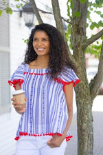 Navy and White Striped Top with Red Pom Poms
