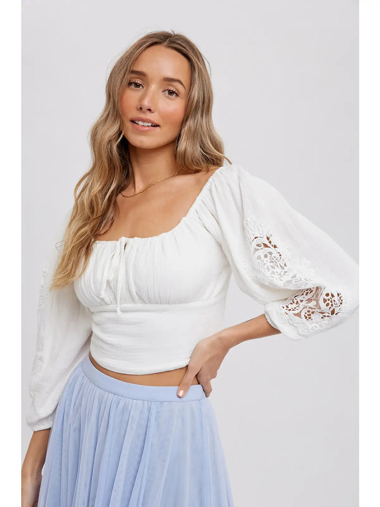 Square Neck and Lace Bubble Sleeve Top