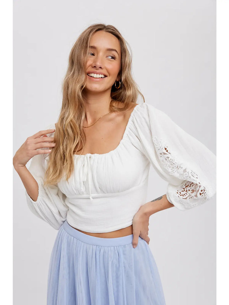 Square Neck and Lace Bubble Sleeve Top