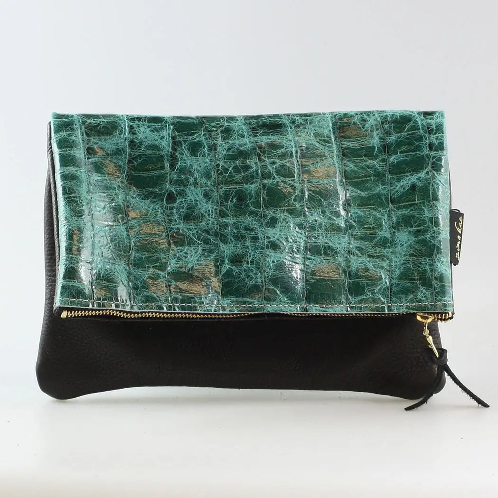 Green and Brown Leather Two Sided Foldover Clutch