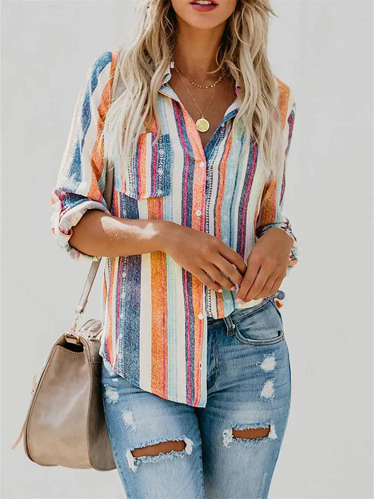 Blue and Coral Striped Button-Up