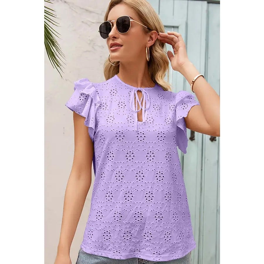 Light Purple Crochet Flutter Short Sleeves Top