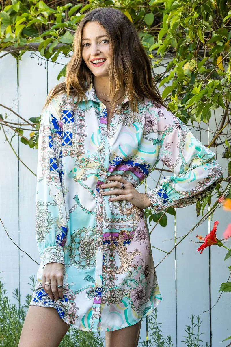chain print shirt dress Pleated Chain Print Dress