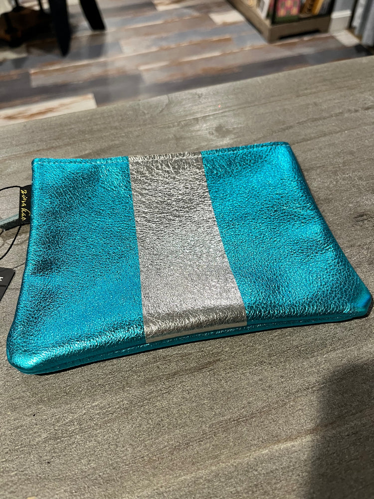 Metallic Aqua and Silver Stripe Everyday Pouch