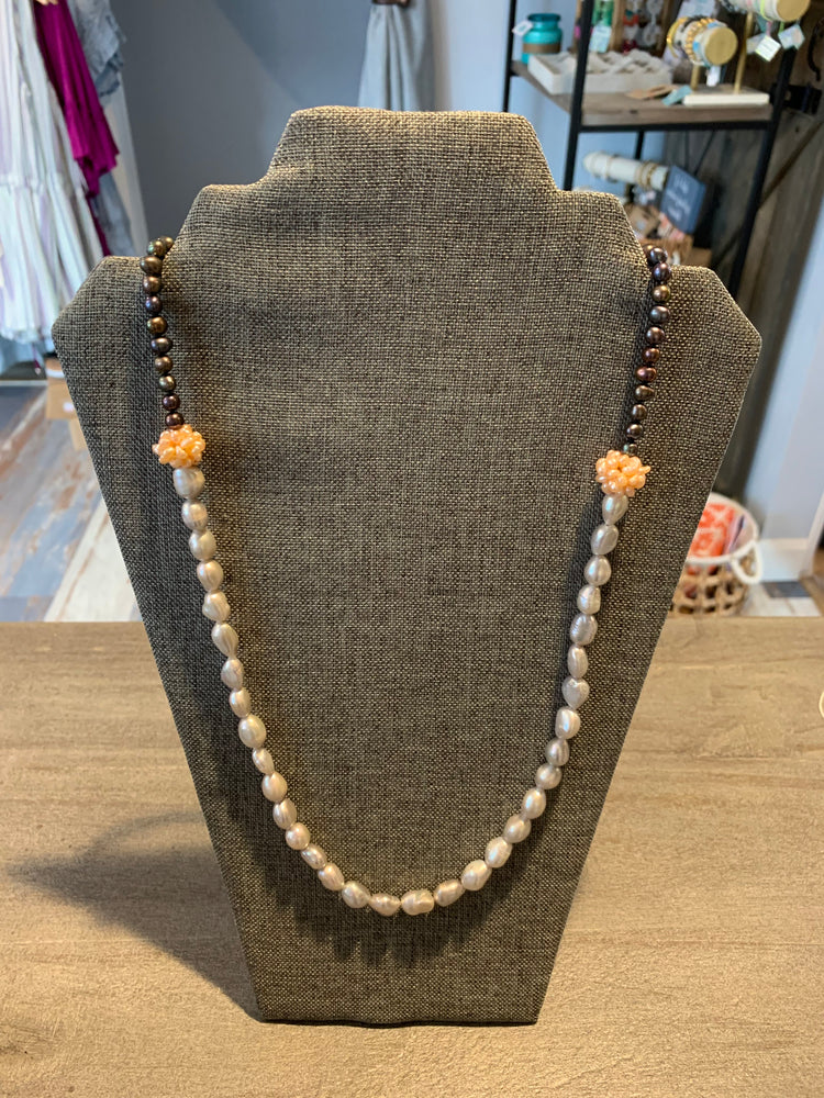 Freshwater Pearl and Flower Bead Necklace