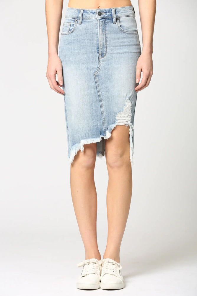 The Peyton Light Wash Front Distressed Jean Skirt