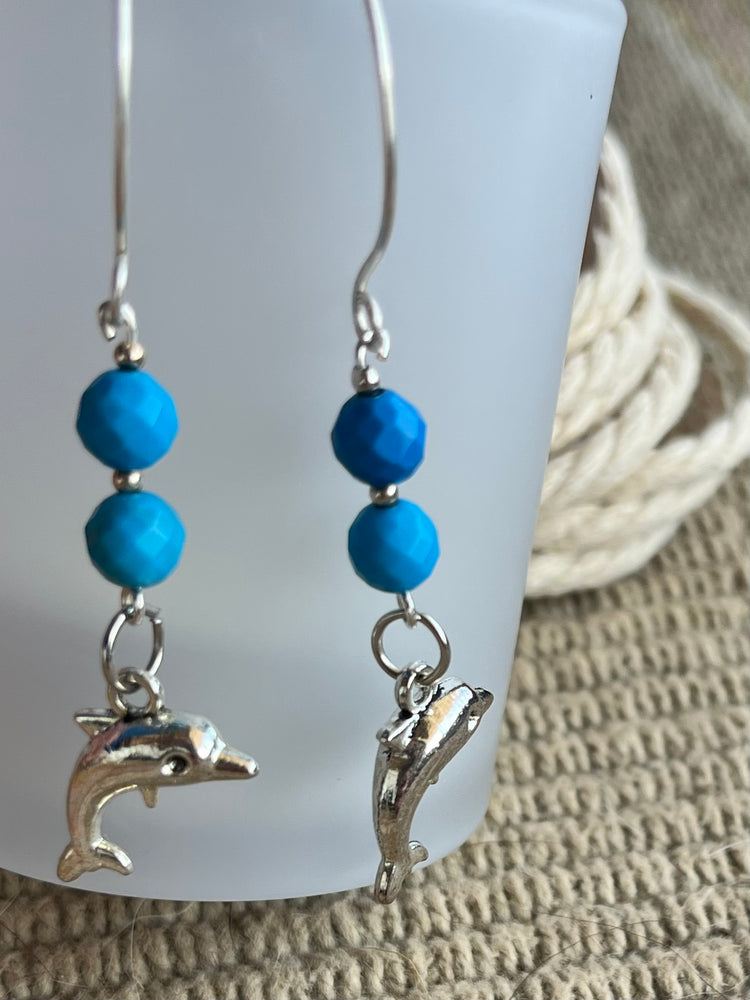 Turquoise Dyed Agate Dolphin Earrings