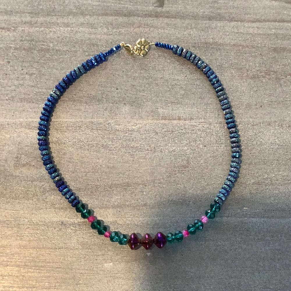 Blue Sparkly Beaded Necklace with Green and Pink Accents