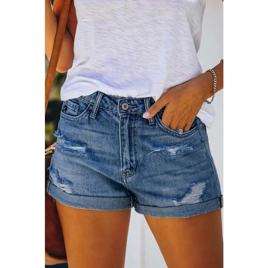 Medium Wash Cuffed Denim Shorts