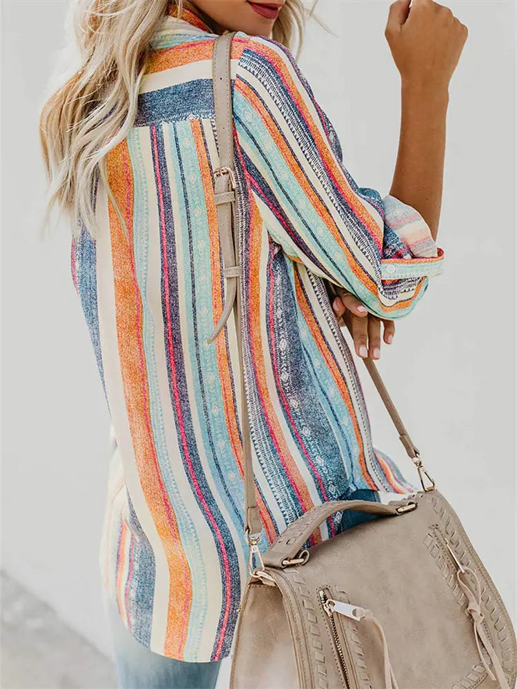 Blue and Coral Striped Button-Up