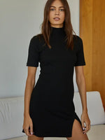 Black Short Sleeve Turtleneck Dress